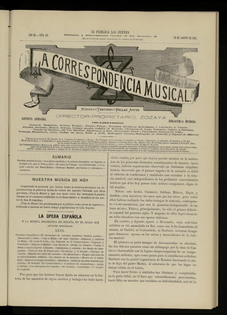 Miniatura de La Correspondencia musical : música, teatros, bellas artes, de 30 de agosto de 1883, nº 139