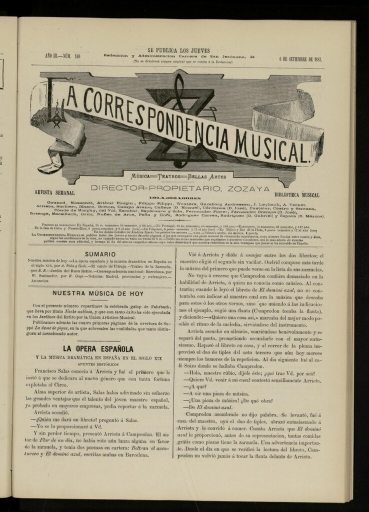 Miniatura de La Correspondencia musical : música, teatros, bellas artes, de 6 de septiembre de 1883, nº 140
