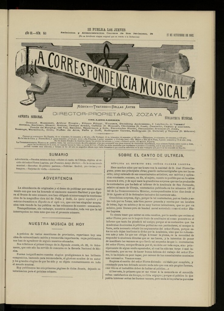 Miniatura de La Correspondencia musical : música, teatros, bellas artes, de 27 de septiembre de 1883, nº 143