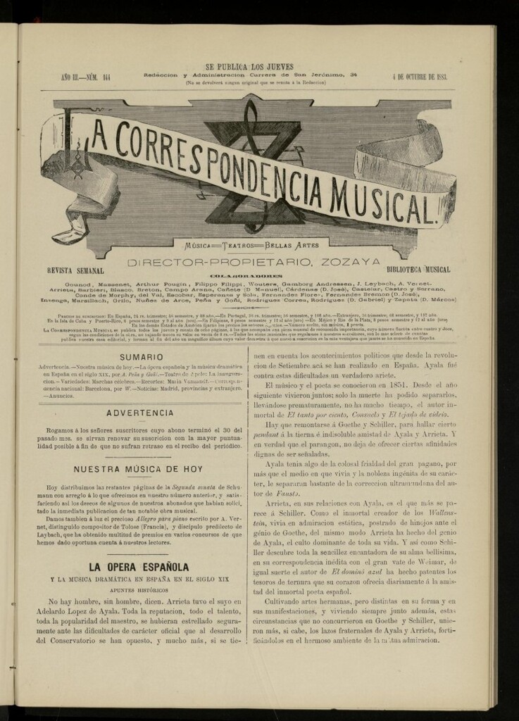 Miniatura de La Correspondencia musical : música, teatros, bellas artes, de 4 de octubre de 1883, nº 144