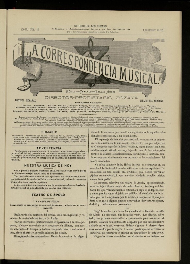 Miniatura de La Correspondencia musical : música, teatros, bellas artes,de 11 de octubre de 1883, nº 145