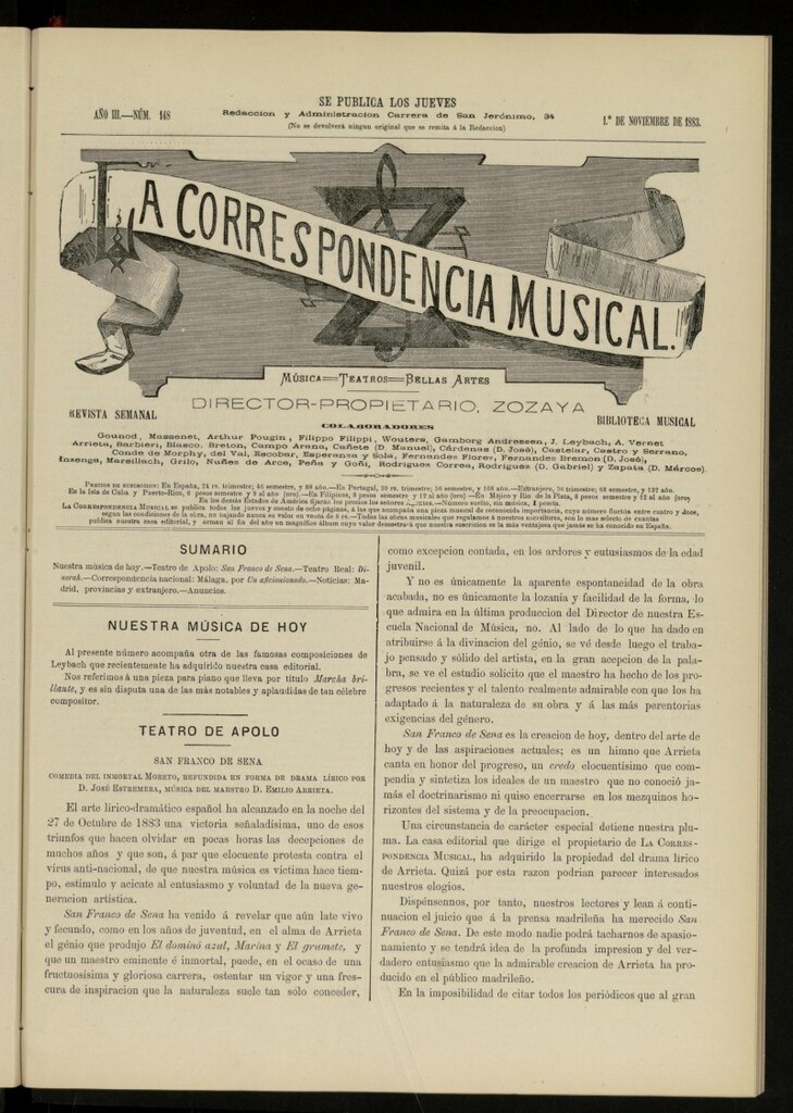 Miniatura de La Correspondencia musical : música, teatros, bellas artes, de 1 de noviembre de 1883, nº 148