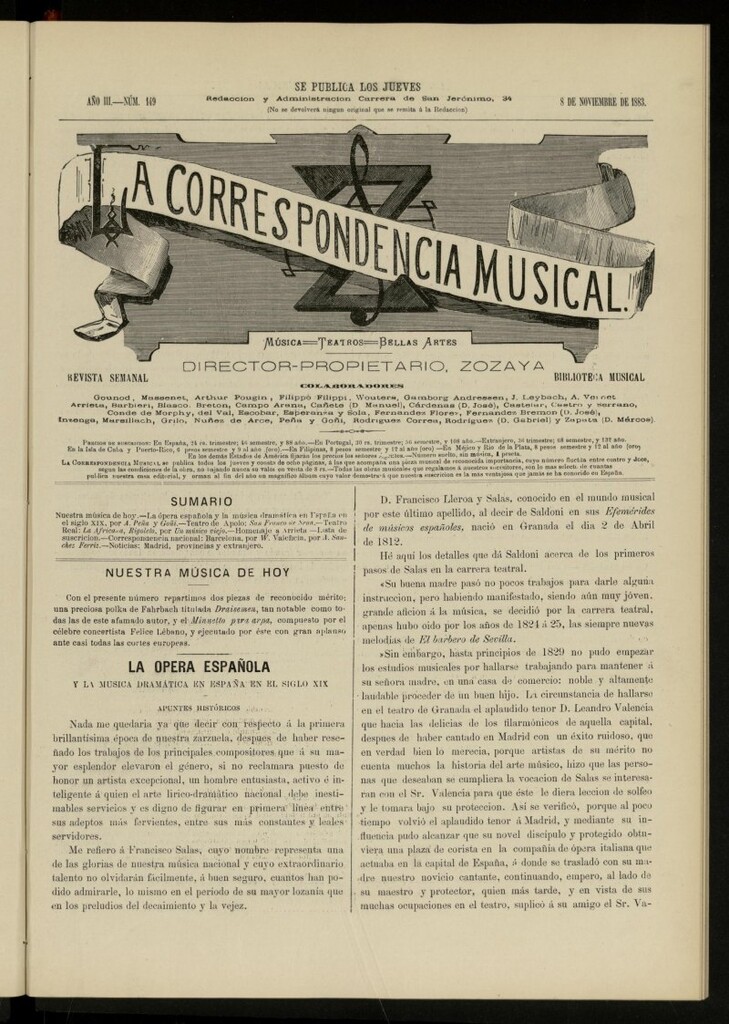 Miniatura de La Correspondencia musical : música, teatros, bellas artes, de 8 de noviembre de 1883, nº 149