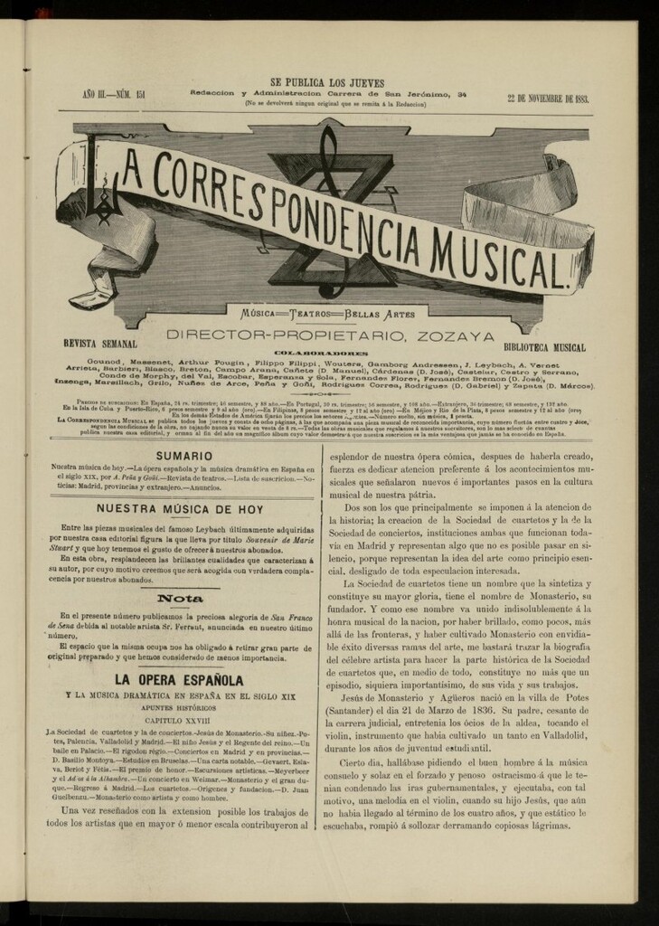 Miniatura de La Correspondencia musical : música, teatros, bellas artes, de 22 de noviembre de 1883, nº 151