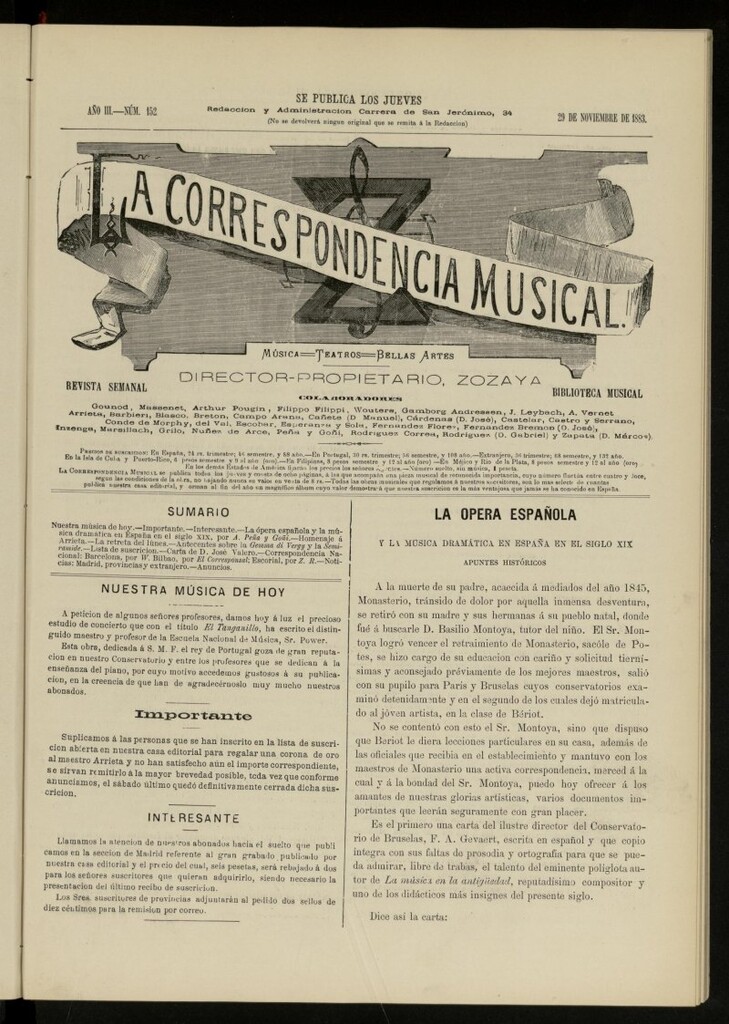 Miniatura de La Correspondencia musical : música, teatros, bellas artes, de 29 de noviembre de 1883, nº 152