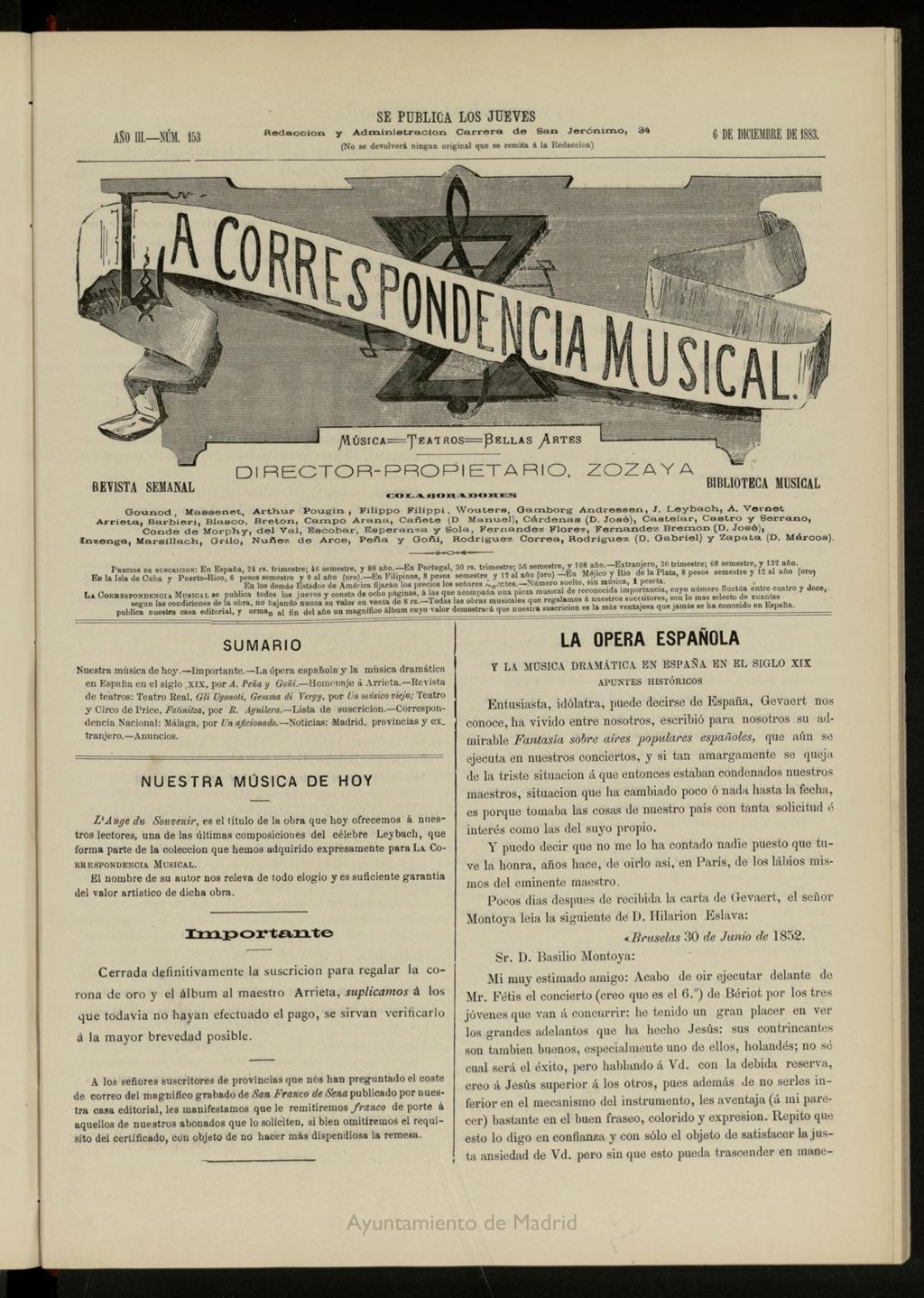 Miniatura de La Correspondencia musical : música, teatros, bellas artes, de 6 de diciembre de 1883, nº 153