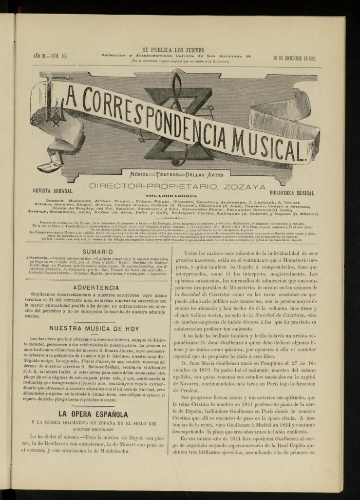 Miniatura de La Correspondencia musical : música, teatros, bellas artes, de 20 de diciembre de 1883, nº 155
