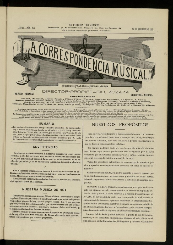 Miniatura de La Correspondencia musical : música, teatros, bellas artes, de 27 de diciembre de 1883, nº 156