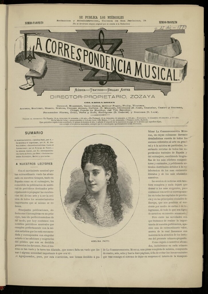 Miniatura de La Correspondencia musical : música, teatros, bellas artes, de 15 de diciembre de 1880, número prospecto