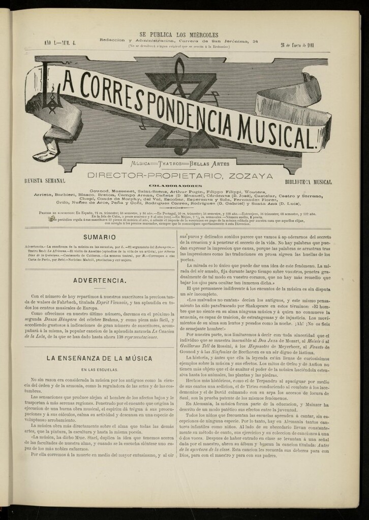 Miniatura de La Correspondencia musical : música, teatros, bellas artes, de 31 de enero de 1881, número extraordinário