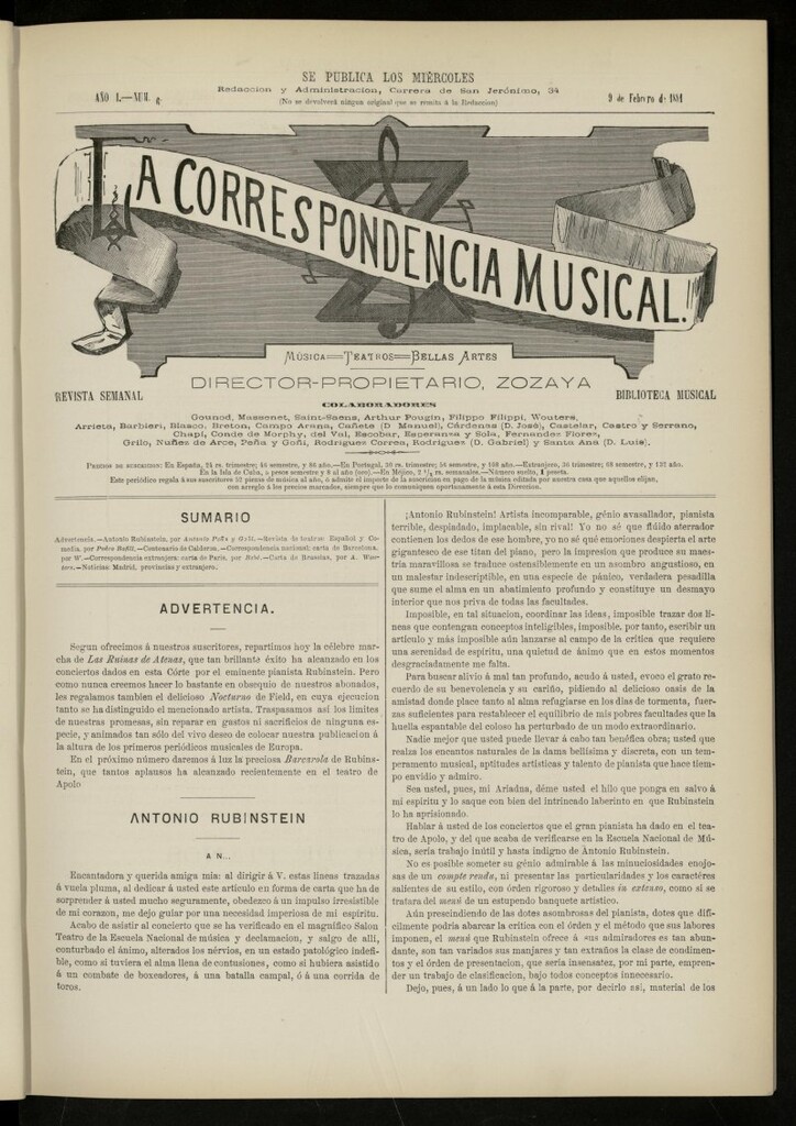 Miniatura de La Correspondencia musical : música, teatros, bellas artes, de 9 de febrero de 1881, nº 6