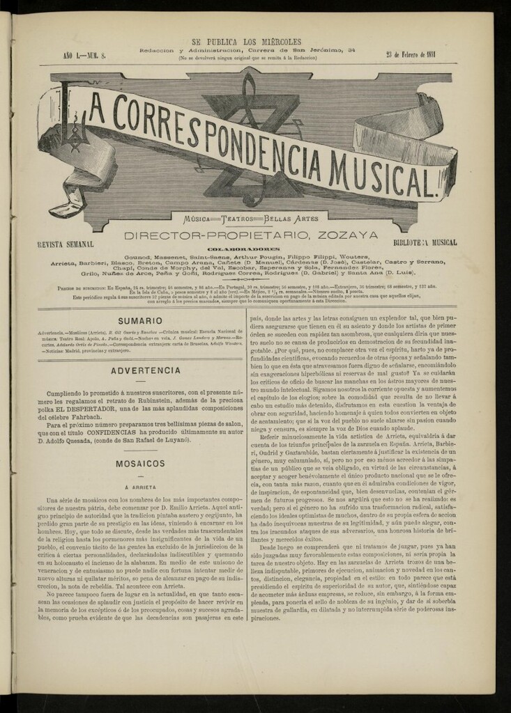 Miniatura de La Correspondencia musical : música, teatros, bellas artes, de 23 de febrero de 1881, nº 8