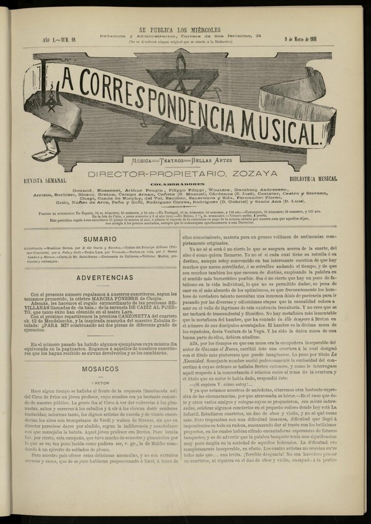 Miniatura de La Correspondencia musical : música, teatros, bellas artes, de 9 de marzo de 1881, nº 10