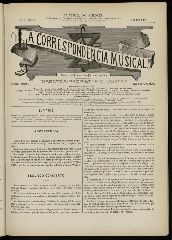 Miniatura de La Correspondencia musical : música, teatros, bellas artes, de 16 de marzo de 1881, nº 11