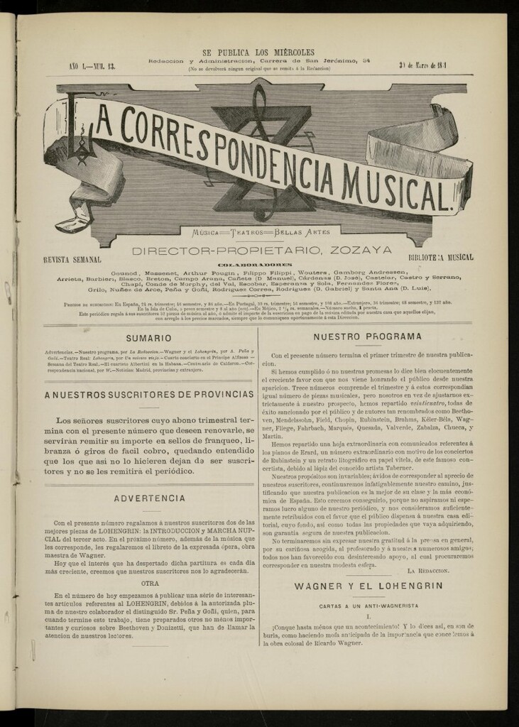 Miniatura de La Correspondencia musical : música, teatros, bellas artes, de 30 de marzo de 1881, nº 13