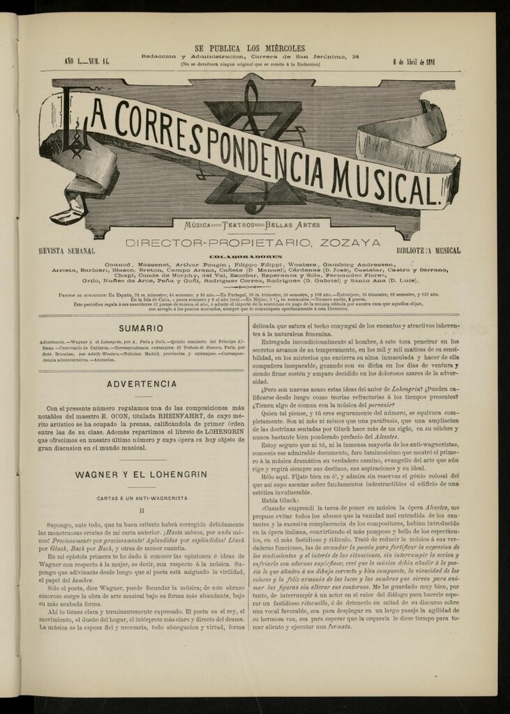 Miniatura de La Correspondencia musical : música, teatros, bellas artes, de 6 de abril de 1881, nº 14