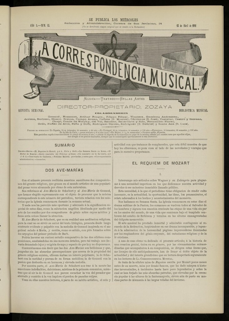 Miniatura de La Correspondencia musical : música, teatros, bellas artes, de 13 de abril de 1881, nº 15