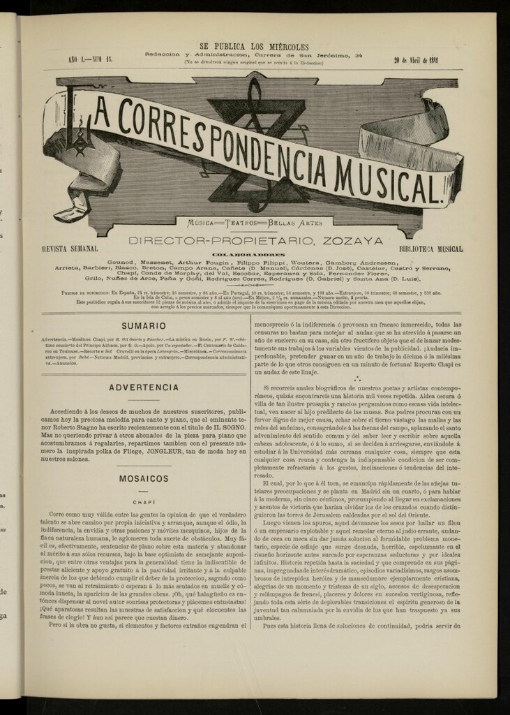 Miniatura de La Correspondencia musical : música, teatros, bellas artes, de 20 de abril de 1881, nº 16