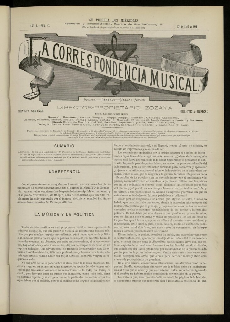 Miniatura de La Correspondencia musical : música, teatros, bellas artes, de 27 de abril de 1881, nº 17
