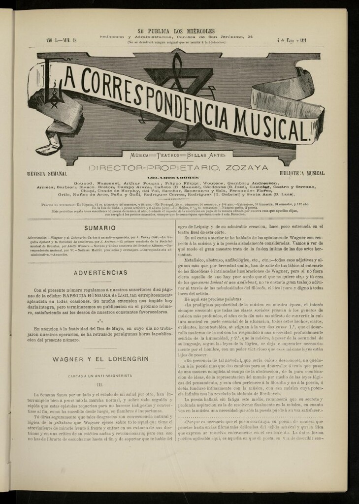Miniatura de La Correspondencia musical : música, teatros, bellas artes, de 4 de mayo de 1881, nº 18