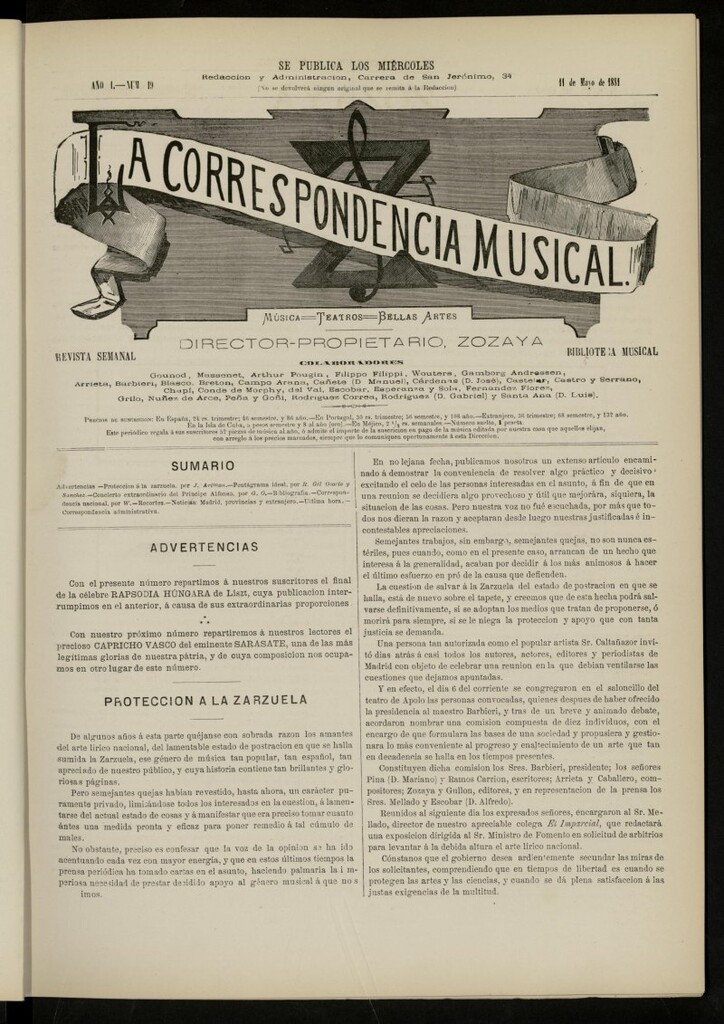 Miniatura de La Correspondencia musical : música, teatros, bellas artes, de 11 de mayo de 1881, nº 19