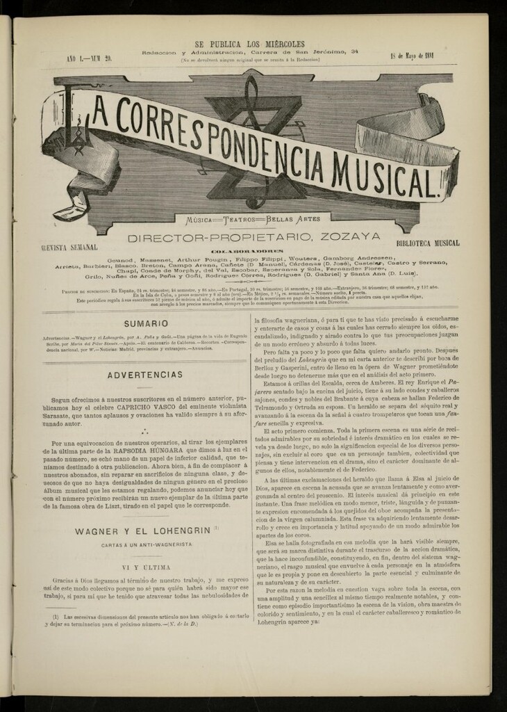 Miniatura de La Correspondencia musical : música, teatros, bellas artes, de 18 de mayo de 1881, nº 20