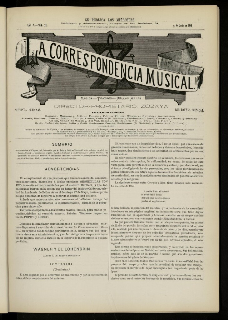 Miniatura de La Correspondencia musical : música, teatros, bellas artes, de 8 de junio de 1881, nº 23