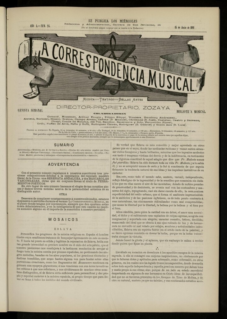 Miniatura de La Correspondencia musical : música, teatros, bellas artes, de 15 de junio de 1881, nº 24