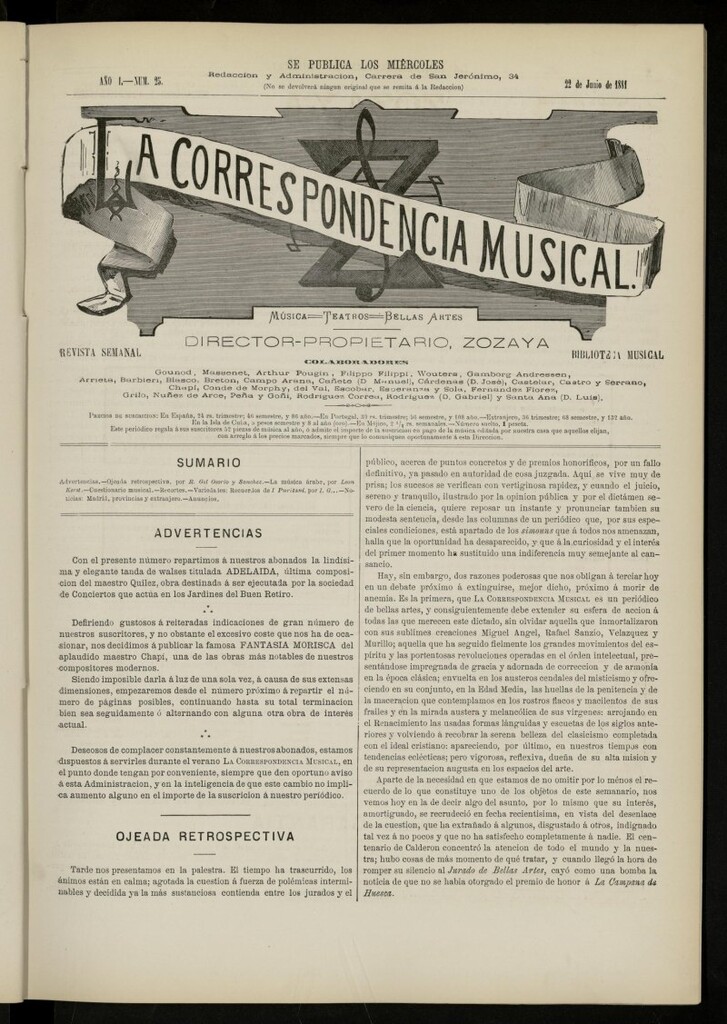 Miniatura de La Correspondencia musical : música, teatros, bellas artes, de 22 de junio de 1881, nº 25