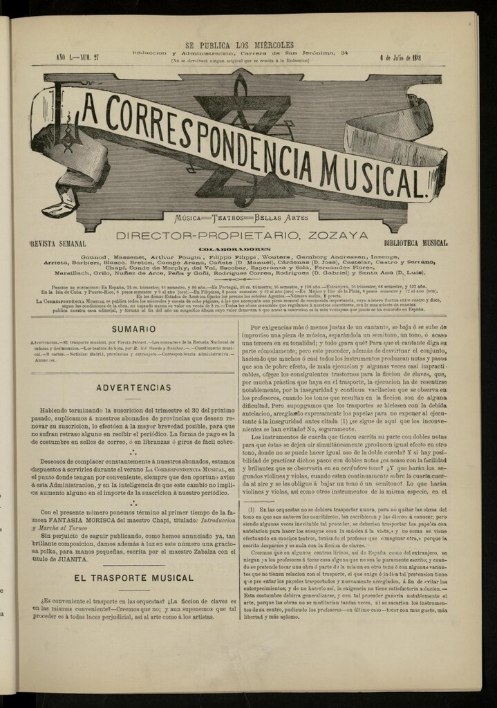 Miniatura de La Correspondencia musical : música, teatros, bellas artes, de 6 de julio de 1881, nº 27