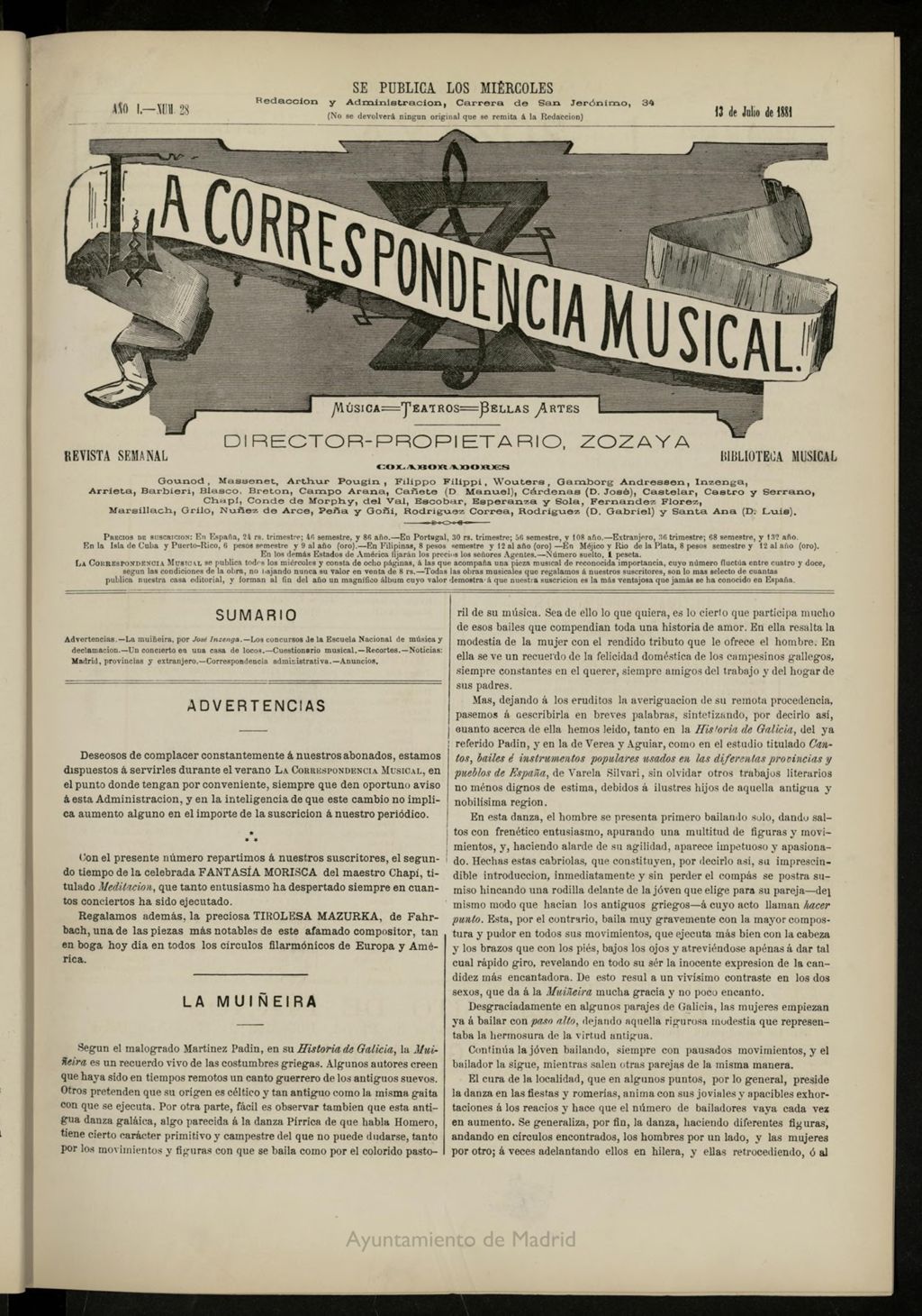 Miniatura de La Correspondencia musical : música, teatros, bellas artes, de 13 de julio de 1881, nº 28