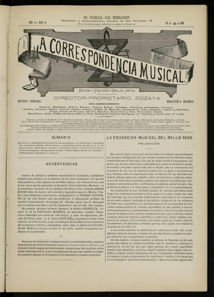 Miniatura de La Correspondencia musical : música, teatros, bellas artes, de 20 de julio de 1881, nº 29
