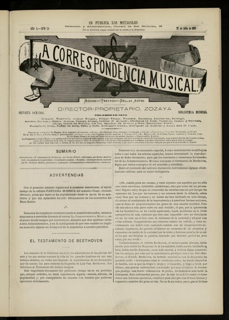 Miniatura de La Correspondencia musical : música, teatros, bellas artes, de 27 de julio de 1881, nº 30