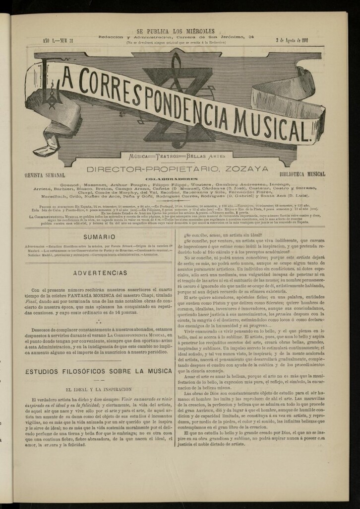 Miniatura de La Correspondencia musical : música, teatros, bellas artes, de 3 de agosto de 1881, nº 31