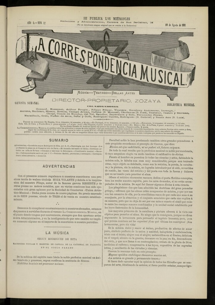 Miniatura de La Correspondencia musical : música, teatros, bellas artes , de 10 de agosto de 1881, nº 32