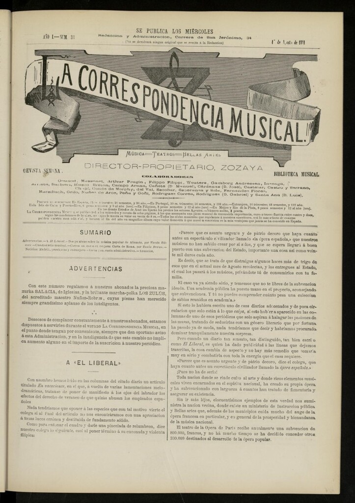 Miniatura de La Correspondencia musical : música, teatros, bellas artes, de 17 de agosto de 1881, nº 33