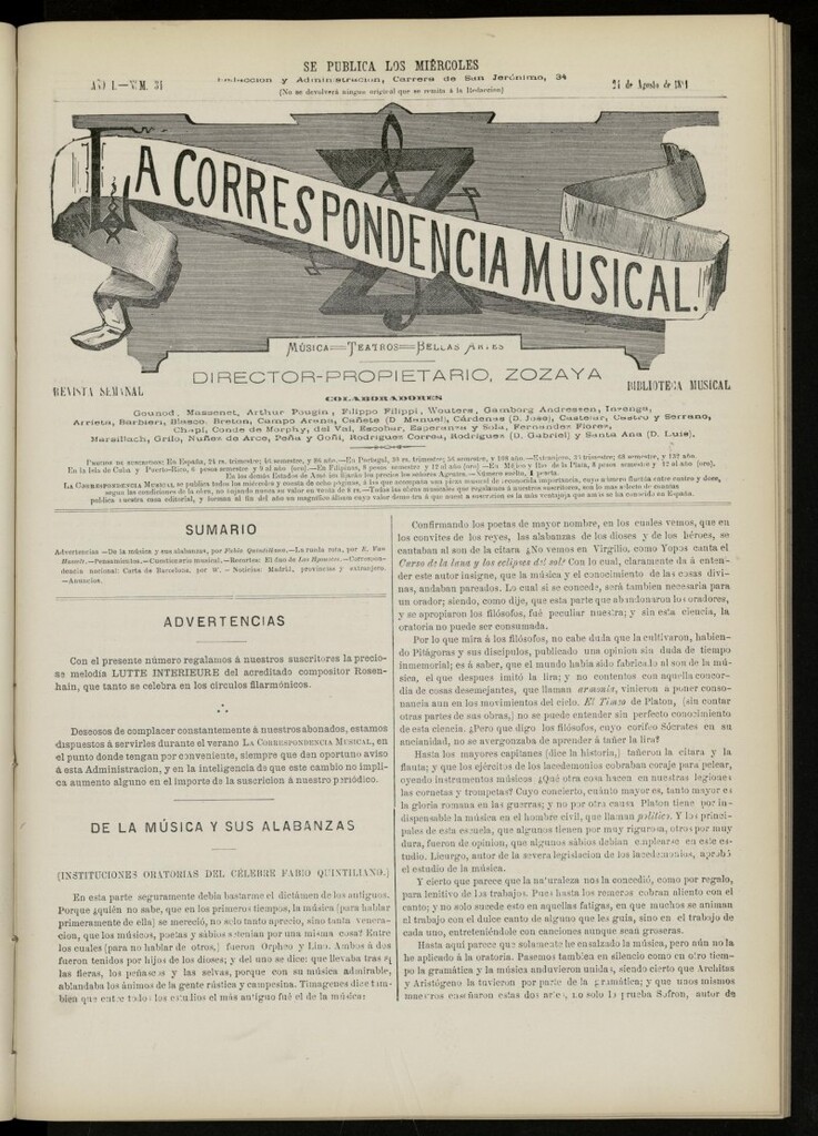 Miniatura de La Correspondencia musical : música, teatros, bellas artes, de 24 de agosto de 1881, nº 34