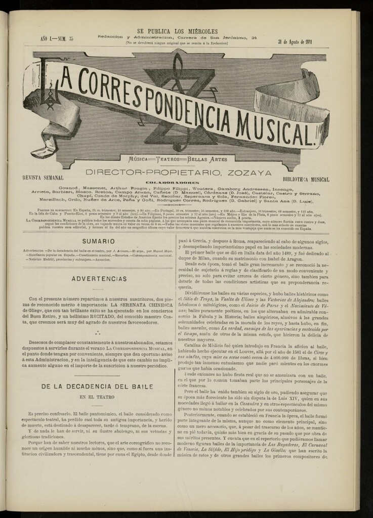 Miniatura de La Correspondencia musical : música, teatros, bellas artes, de 31 de agosto de 1881, nº 35