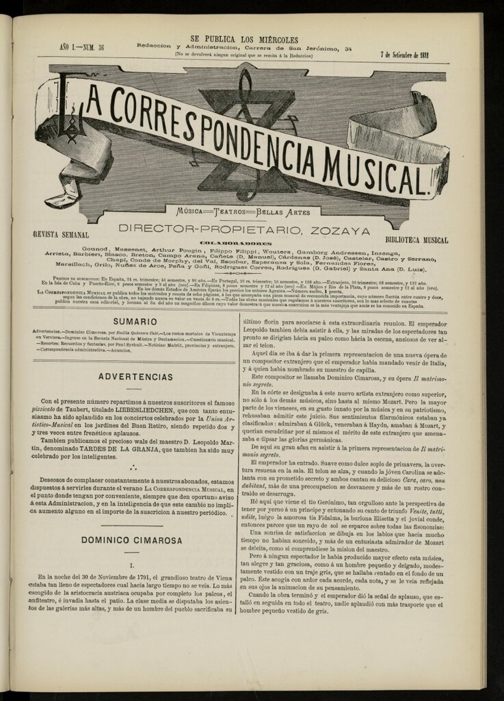 Miniatura de La Correspondencia musical : música, teatros, bellas artes, de 7 de septiembre de 1881, nº 36