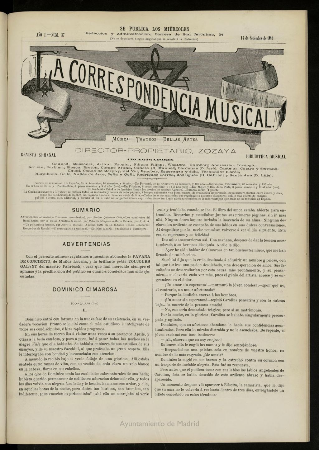 Miniatura de La Correspondencia musical : música, teatros, bellas artes, de 14 de septiembre de 1881, nº 37