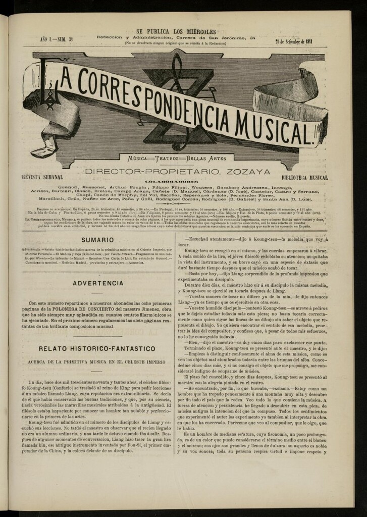 Miniatura de La Correspondencia musical : música, teatros, bellas artes, de 21 de septiembre de 1881, nº 38