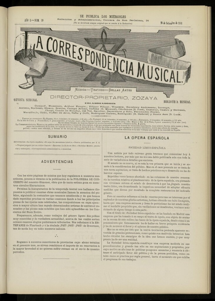 Miniatura de La Correspondencia musical : música, teatros, bellas artes, de 28 de septiembre de 1881, nº 39