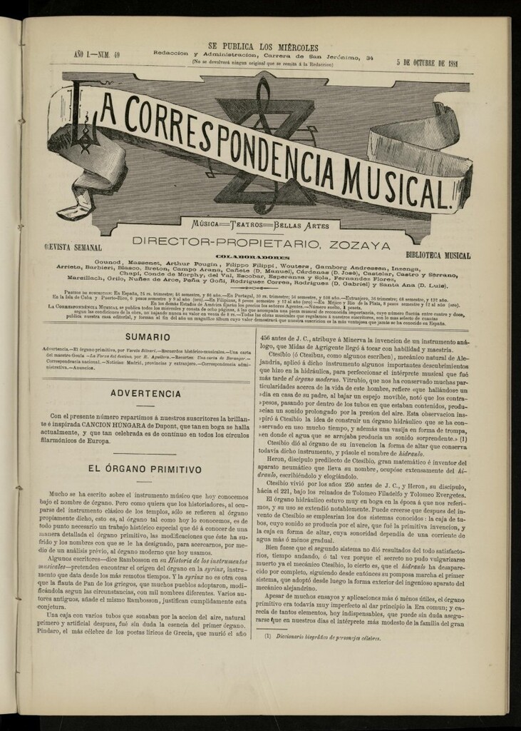 Miniatura de La Correspondencia musical : música, teatros, bellas artes, de 5 de octubre de 1881, nº 40