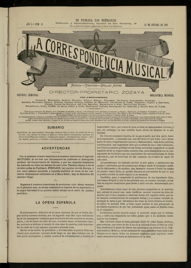 Miniatura de La Correspondencia musical : música, teatros, bellas artes, de 12 de octubre de 1881, nº 41