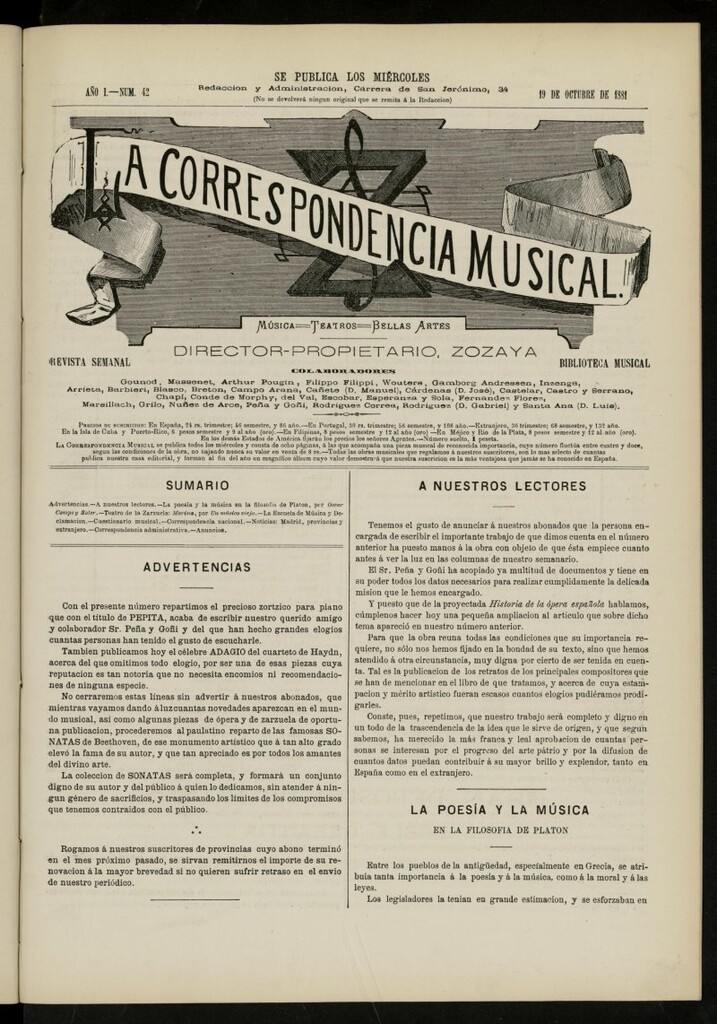 Miniatura de La Correspondencia musical : música, teatros, bellas artes, de 19 de octubre de 1881, nº 42