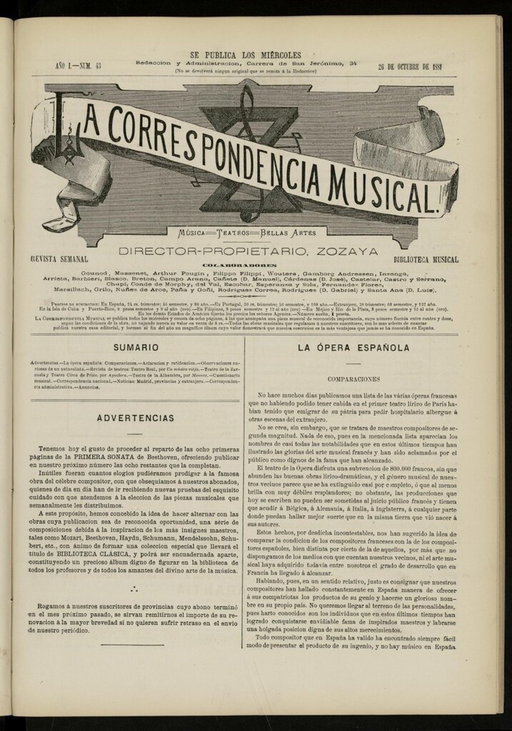 Miniatura de La Correspondencia musical : música, teatros, bellas artes, de 26 de octubre de 1881, nº 43