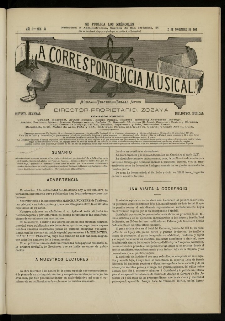 Miniatura de La Correspondencia musical : música, teatros, bellas artes, de 2 de noviembre de 1881, nº 44