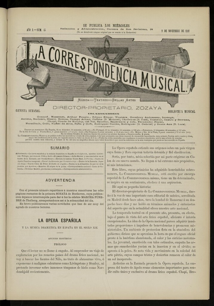 Miniatura de La Correspondencia musical : música, teatros, bellas artes, de 9 de noviembre de 1881, nº 45