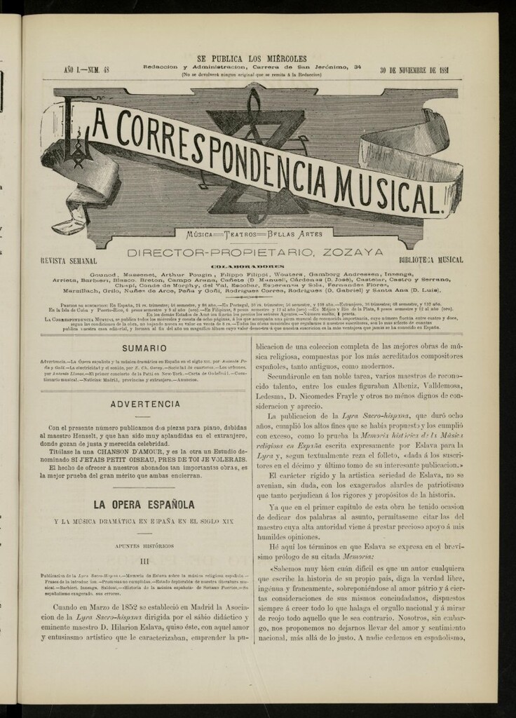 Miniatura de La Correspondencia musical : música, teatros, bellas artes, de 30 de noviembre de 1881, nº 48