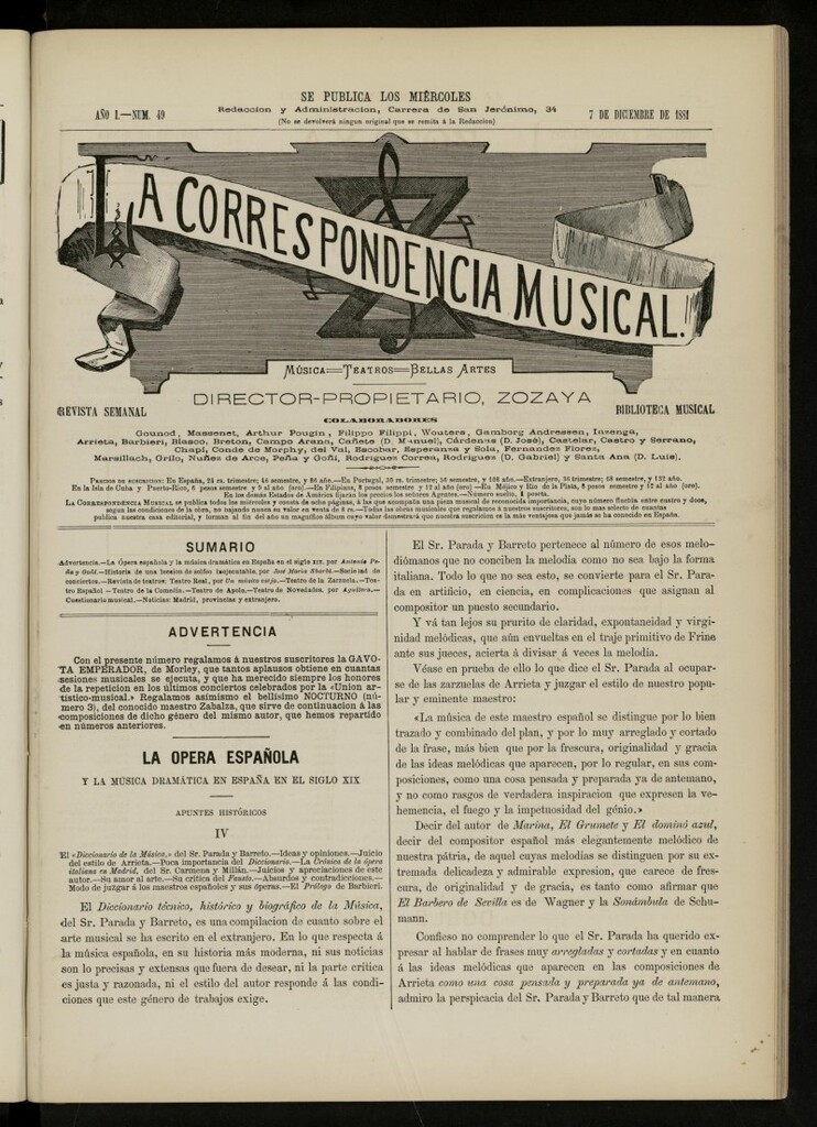Miniatura de La Correspondencia musical : música, teatros, bellas artes, de 7 de diciembre de 1881, nº 49